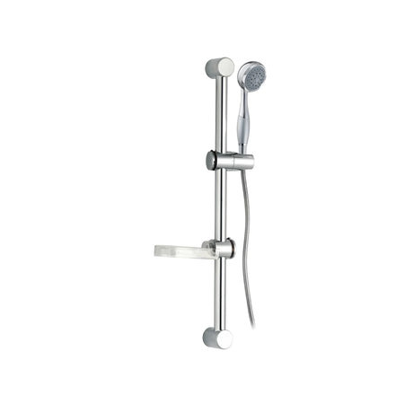 Lux Shower Attachment Set in chrome finish, featuring a handheld shower head, adjustable slide bar, and a clear soap tray.