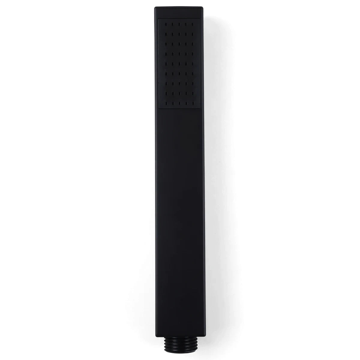A black Lux square handheld shower head with a matte finish, featuring a perforated face and threaded connector.