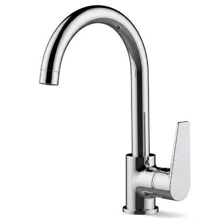 A shiny chrome Luxus deck type spout shower part with a high-arc curved spout and a single lever handle.