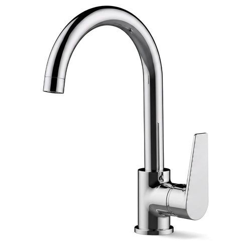 A shiny chrome Luxus deck type spout shower part with a high-arc curved spout and a single lever handle.