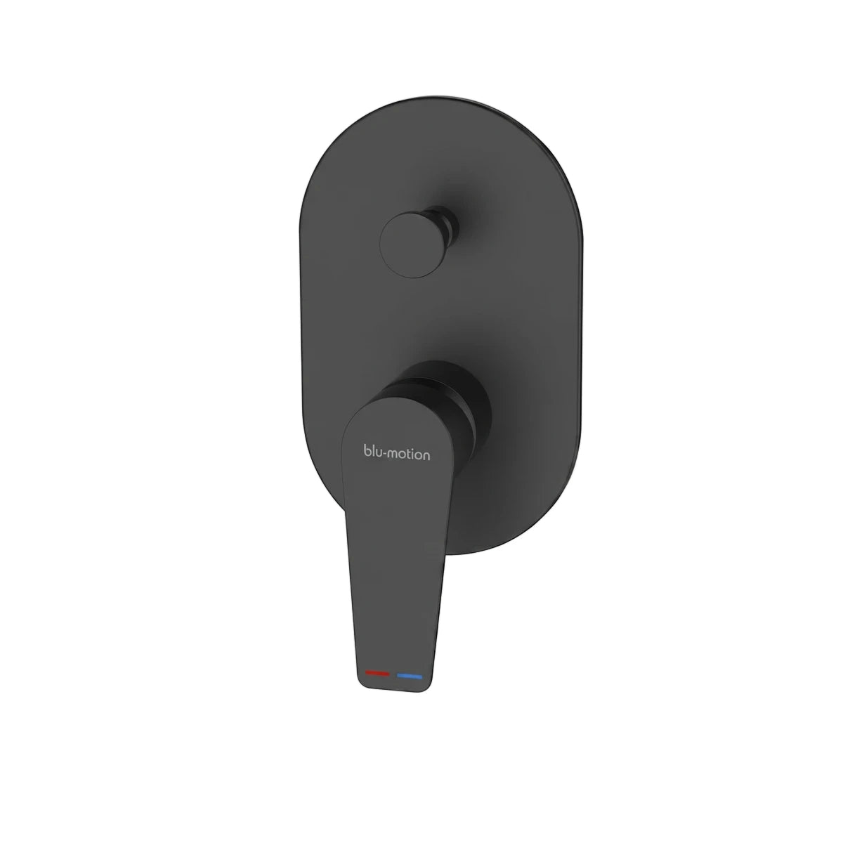 Matte black Luxus shower mixer handle with an oval wall plate, a lever, and a small round temperature knob, showing red and