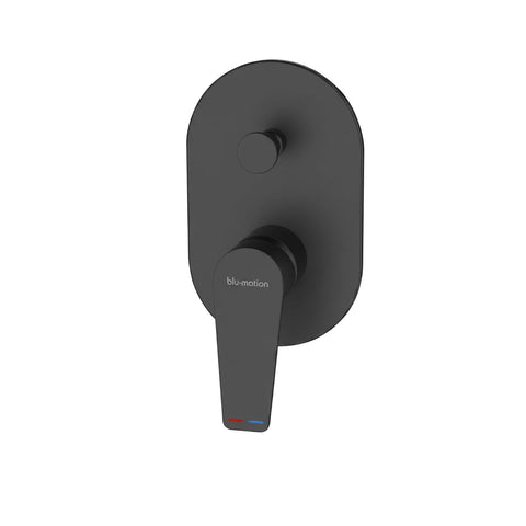 Matte black Luxus shower mixer handle with an oval wall plate, a lever, and a small round temperature knob, showing red and