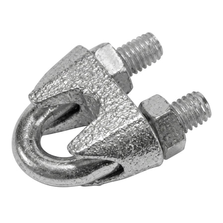 A single M5 galvanized steel wire rope clamp with a U-bolt, saddle, and two nuts, shown from an angled perspective.