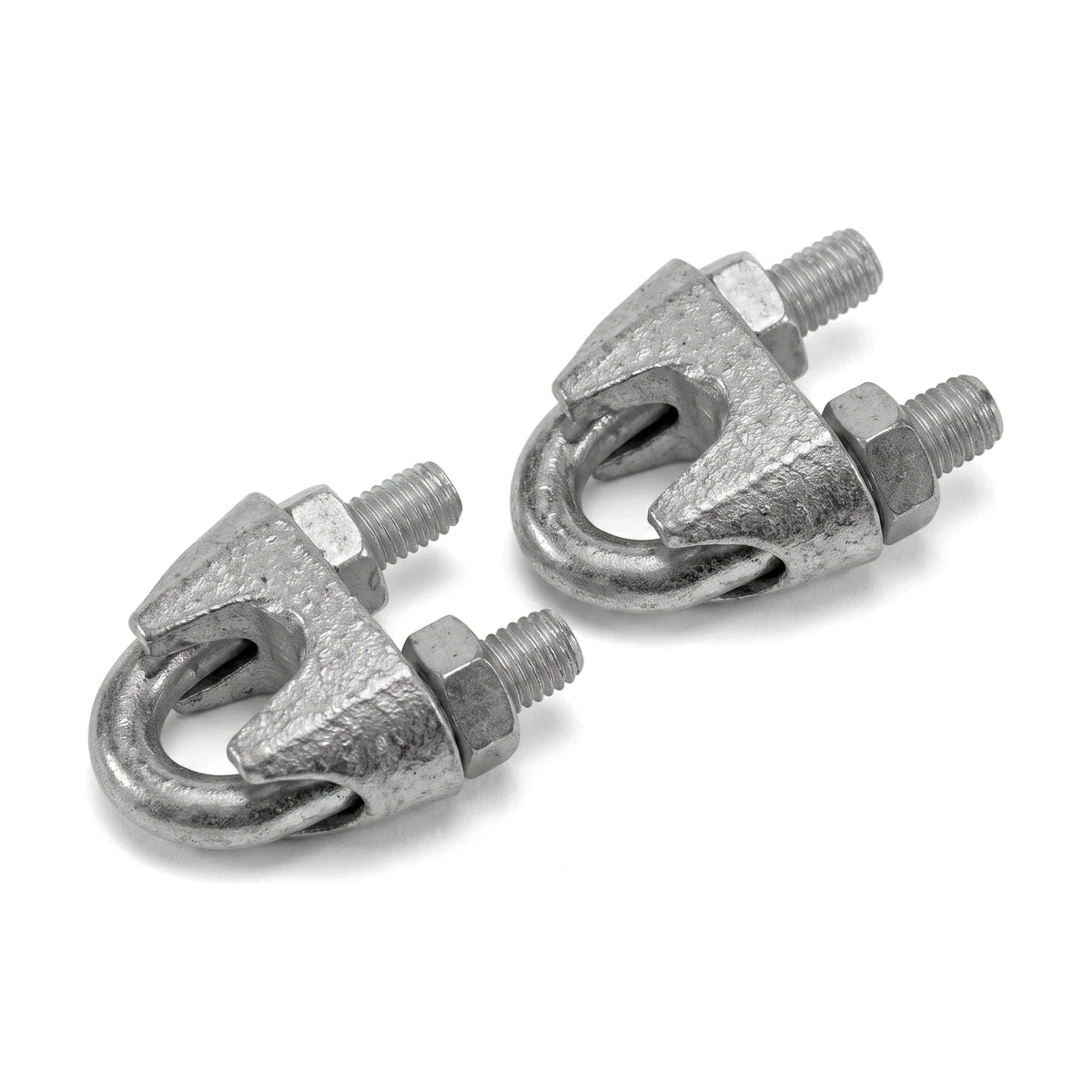 Two M6 metallic gray wire rope clamps shown from an elevated angle, used for securing and connecting wire ropes.