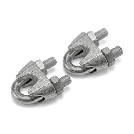 Two M6 metallic gray wire rope clamps shown from an elevated angle, used for securing and connecting wire ropes.