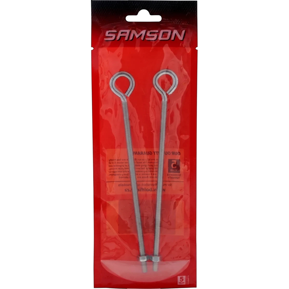 Two silver metallic M6x150 eye bolts with nuts, packaged in a clear red plastic bag with Samson branding, suitable for