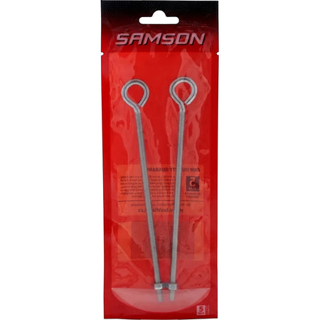 Two silver metallic M6x150 eye bolts with nuts, packaged in a clear red plastic bag with Samson branding, suitable for