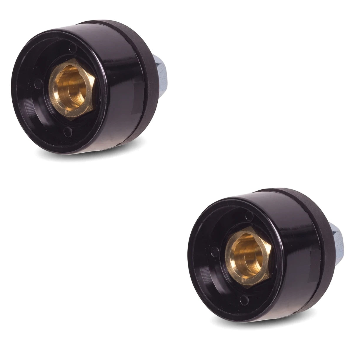 Two black Machine Socket Female 35-50 electrical connectors with brass interiors, viewed from an angled perspective.