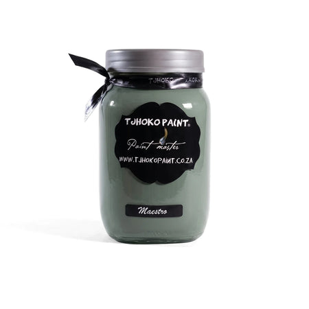 Maestro 500ml Chalk Paint in a green glass jar with a black label, silver lid, and decorative ribbon.