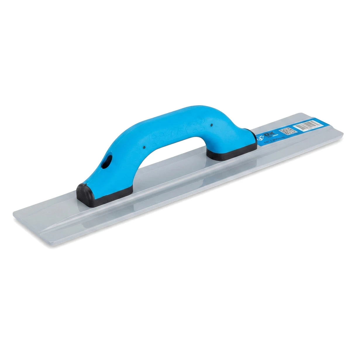 Magnesium trowel with a blue handle and grey blade, measuring 400mm by 80mm, used as a construction or finishing tool.