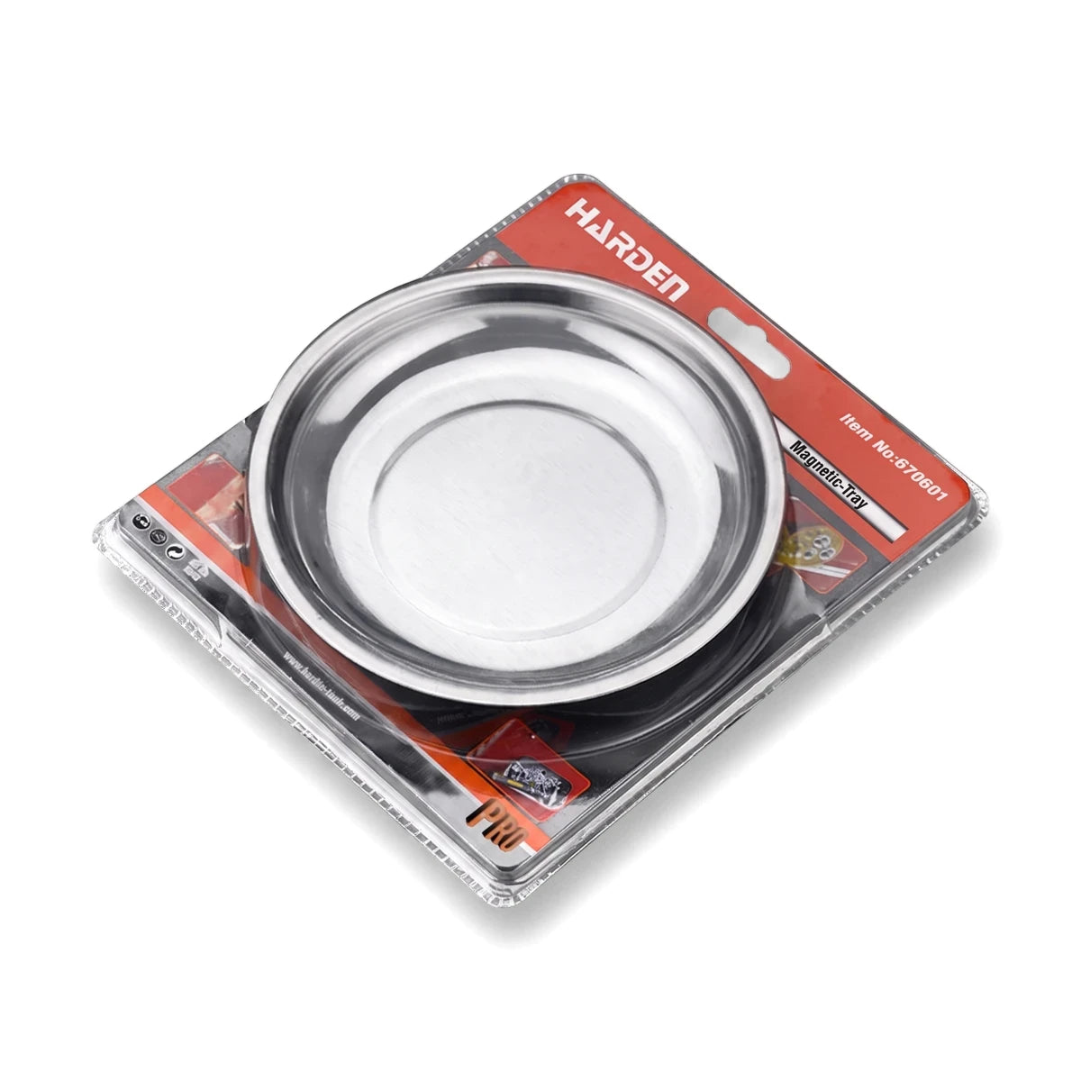 Metallic 150mm round Harden magnetic parts tray, visible in its retail blister packaging.