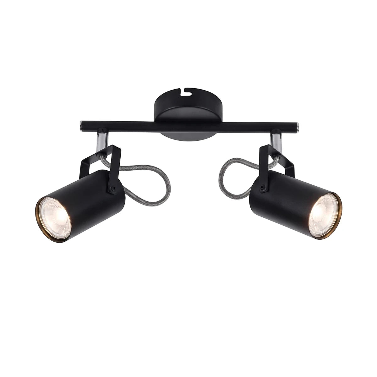 Black metal double spotlight with two adjustable cylindrical lights on a horizontal bar, emitting a bright warm glow.