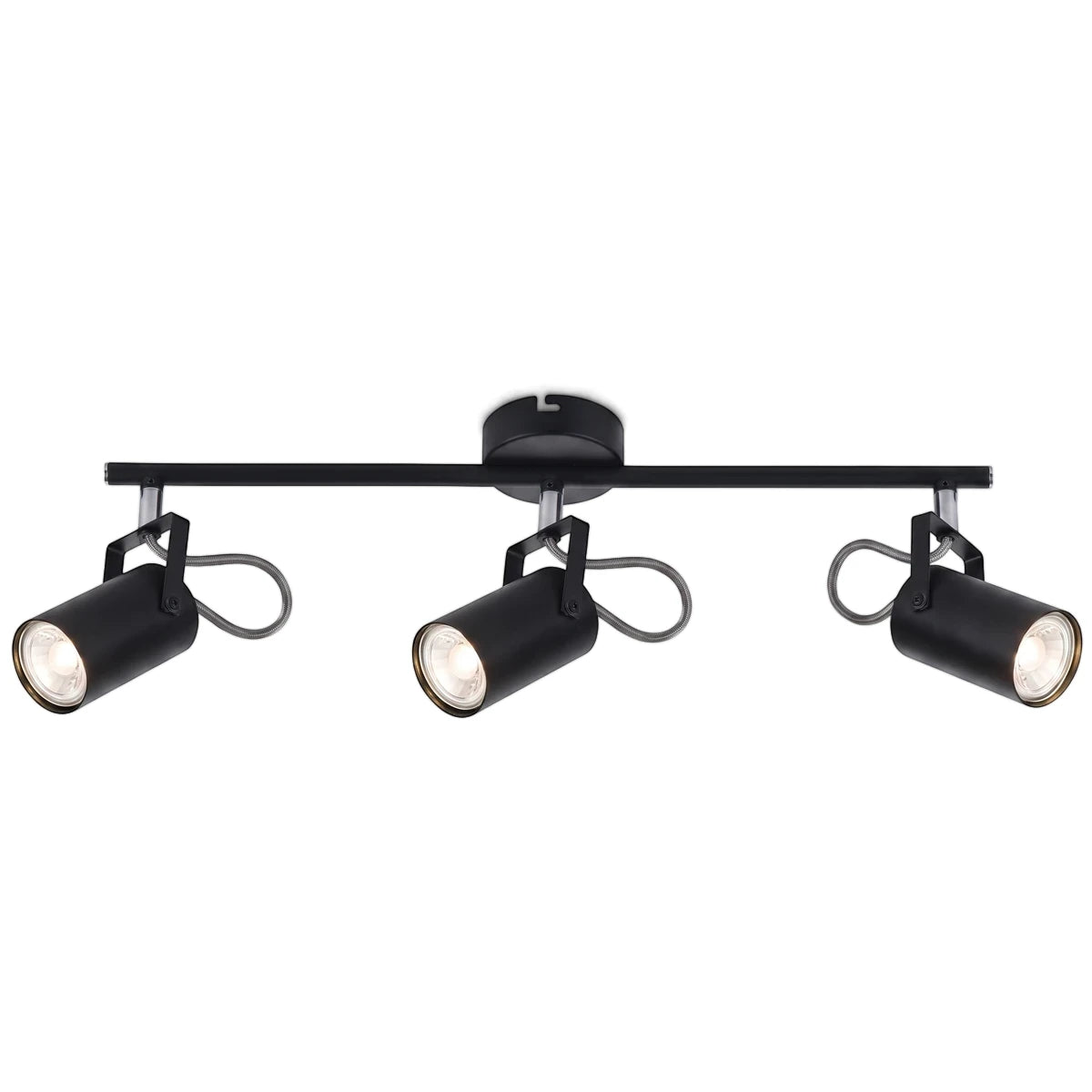 Black metal track light with three adjustable cylindrical spot heads. Modern ceiling fixture for focused illumination.