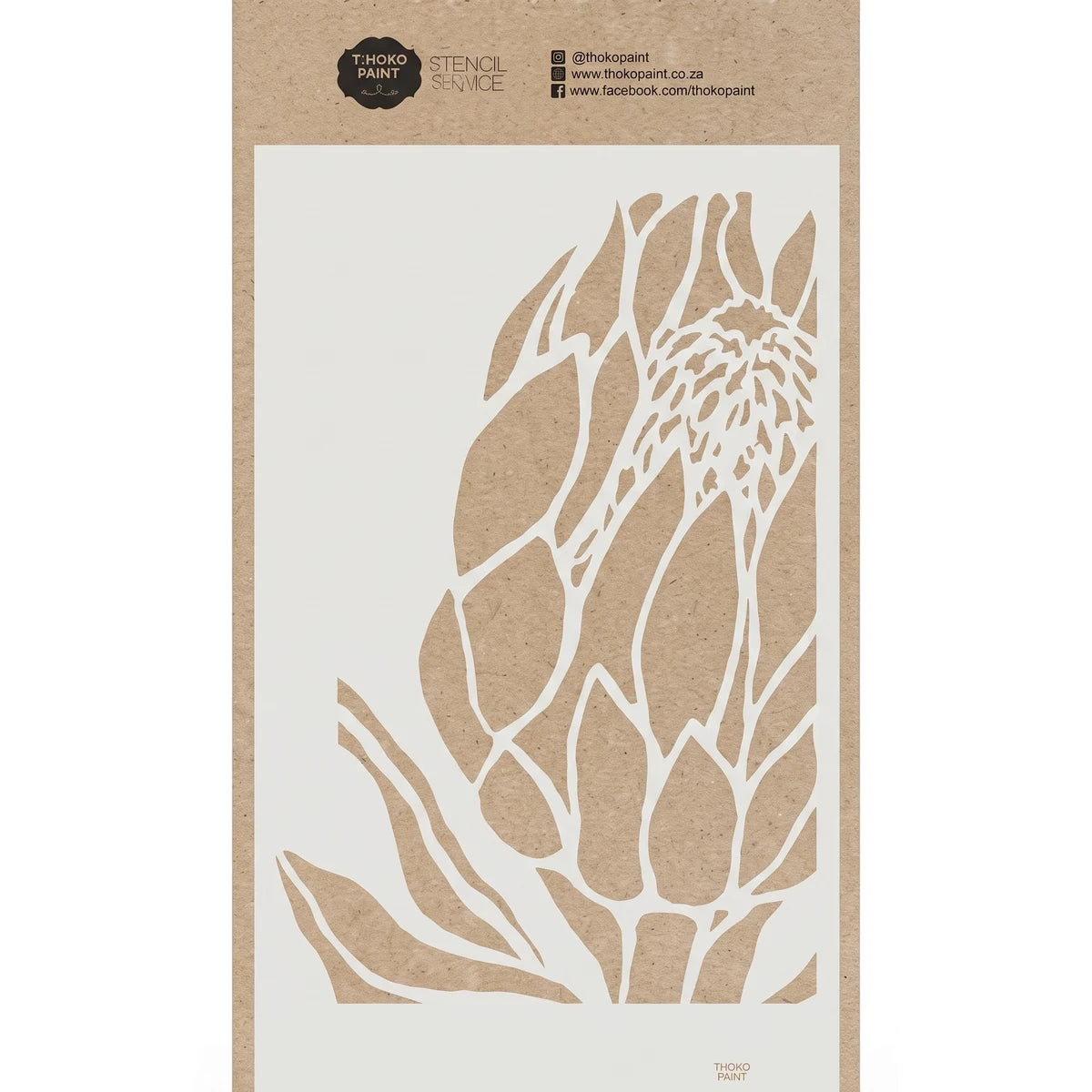 Majestic Protea flower paint stencil on a craft paper sheet, featuring an intricate botanical design and Thoko Paint