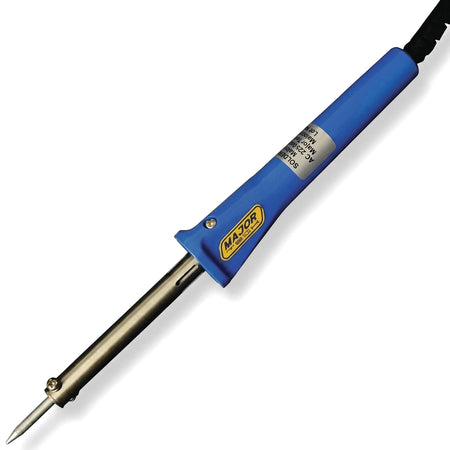 A blue and silver Major electric soldering iron, featuring a pointed tip and a black power cord, displayed diagonally.