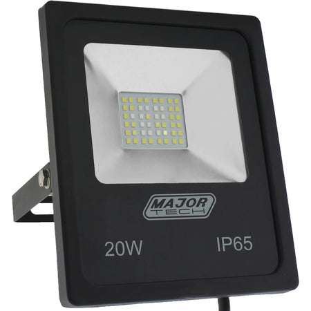 Major Tech 20W LED compact white floodlight with black housing, featuring a grid of bright LEDs and an IP65 rating.