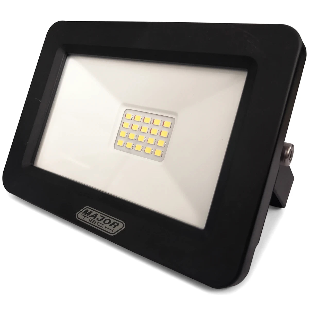 Black LED floodlight by Major Tech, featuring 18 square LED chips on a white panel with a mounting bracket.