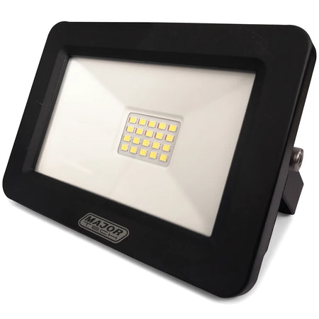 Black LED floodlight by Major Tech, featuring 18 square LED chips on a white panel with a mounting bracket.