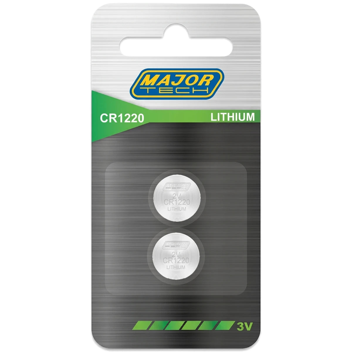 Major Tech CR1220 3V Lithium button cell battery 2-pack in retail blister packaging