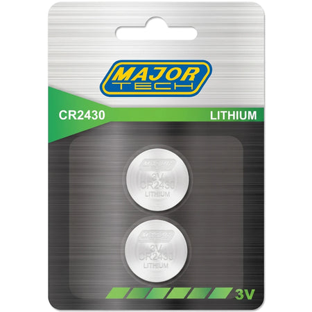 MAJOR TECH CR2430 3V Lithium button cell batteries 2-pack in clear blister packaging on a white background.