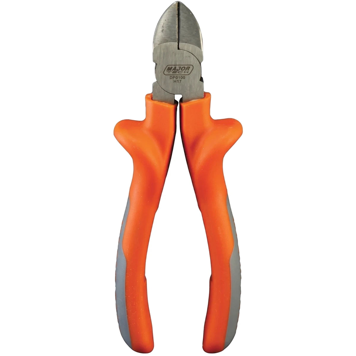 Orange and grey insulated diagonal cutters featuring a metal cutting head and ergonomic handles, isolated against a white