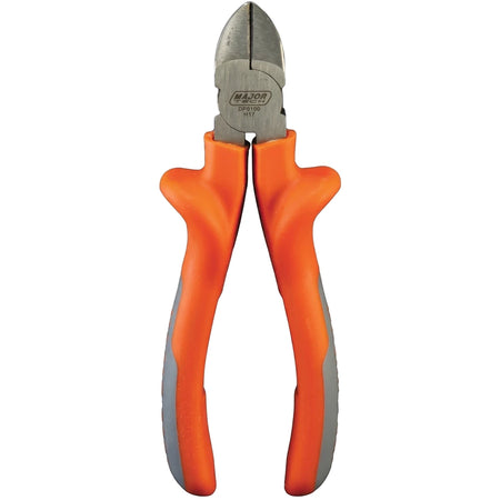 Orange and grey insulated diagonal cutters featuring a metal cutting head and ergonomic handles, isolated against a white