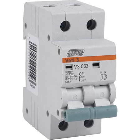 A white Major Tech Veti 3 V3 C63 63A 3Ka double pole DIN rail circuit breaker with teal switch handles, shown from a slight