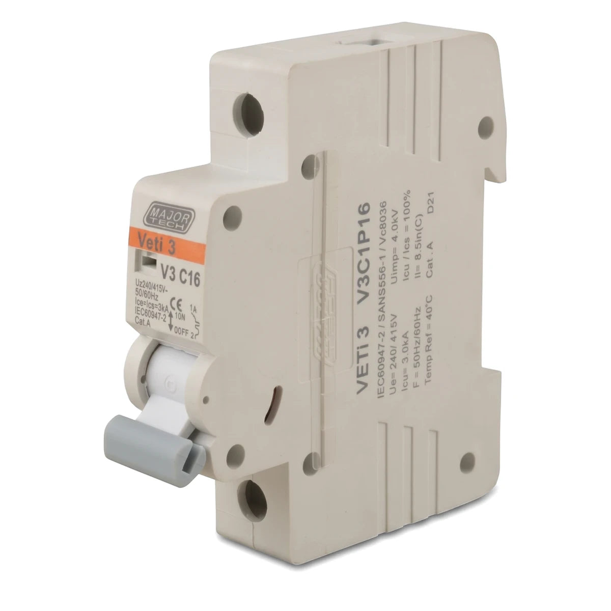 White Major Tech Veti 3 single pole 16A 3kA DIN rail circuit breaker, shown from an angled front view.