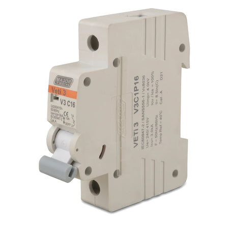 White Major Tech Veti 3 single pole 16A 3kA DIN rail circuit breaker, shown from an angled front view.