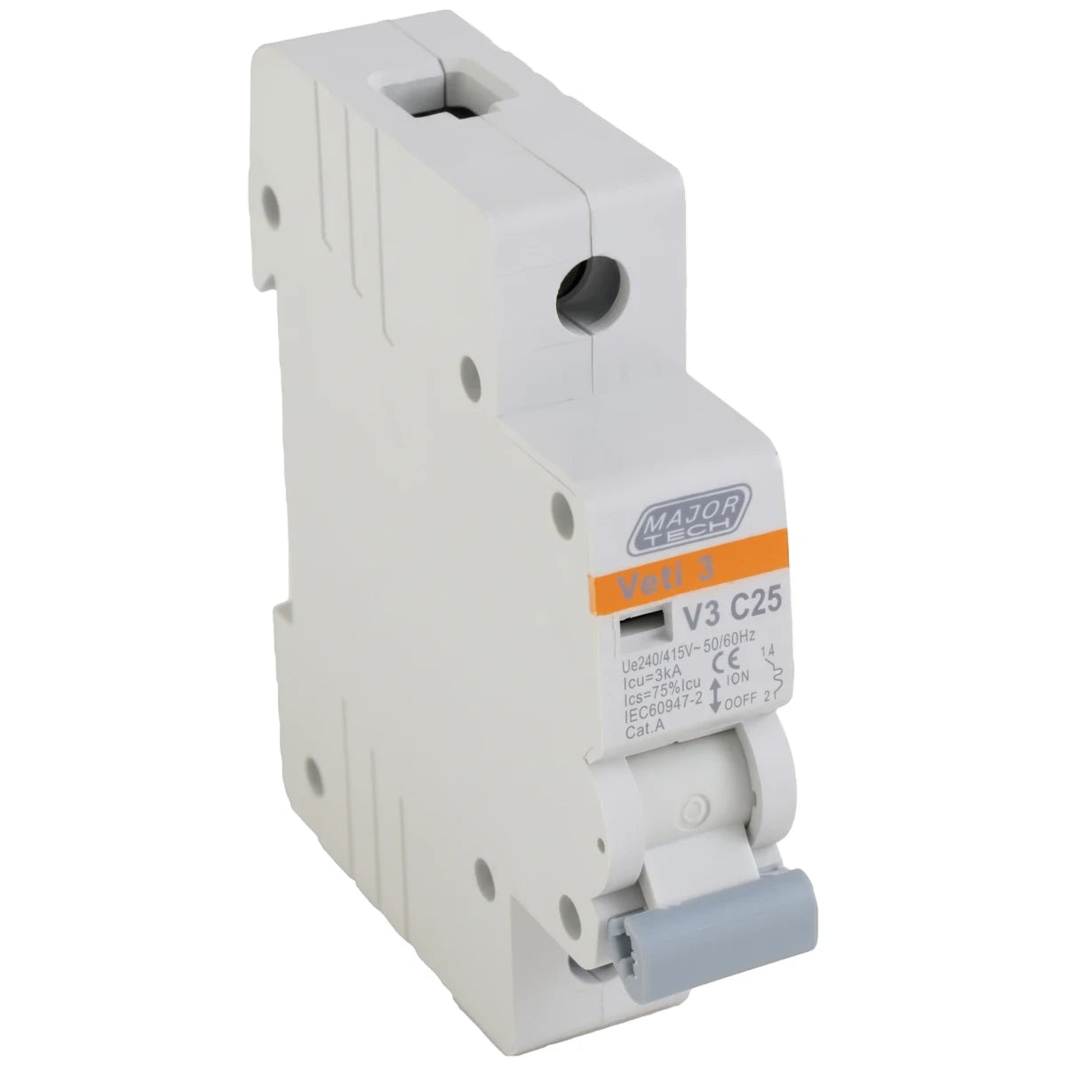 White Major Tech Veti 3 V3 C25 single-pole DIN rail circuit breaker, 25A, with a grey toggle switch, viewed from an angle.