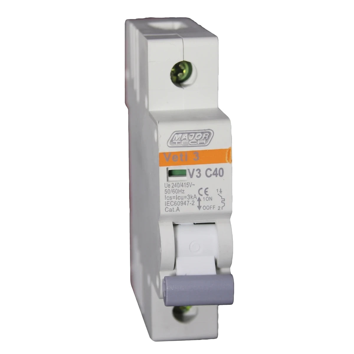 White Veti 3 V3 C40 Major-Tech 40A single pole DIN rail circuit breaker, shown at a slight angle.