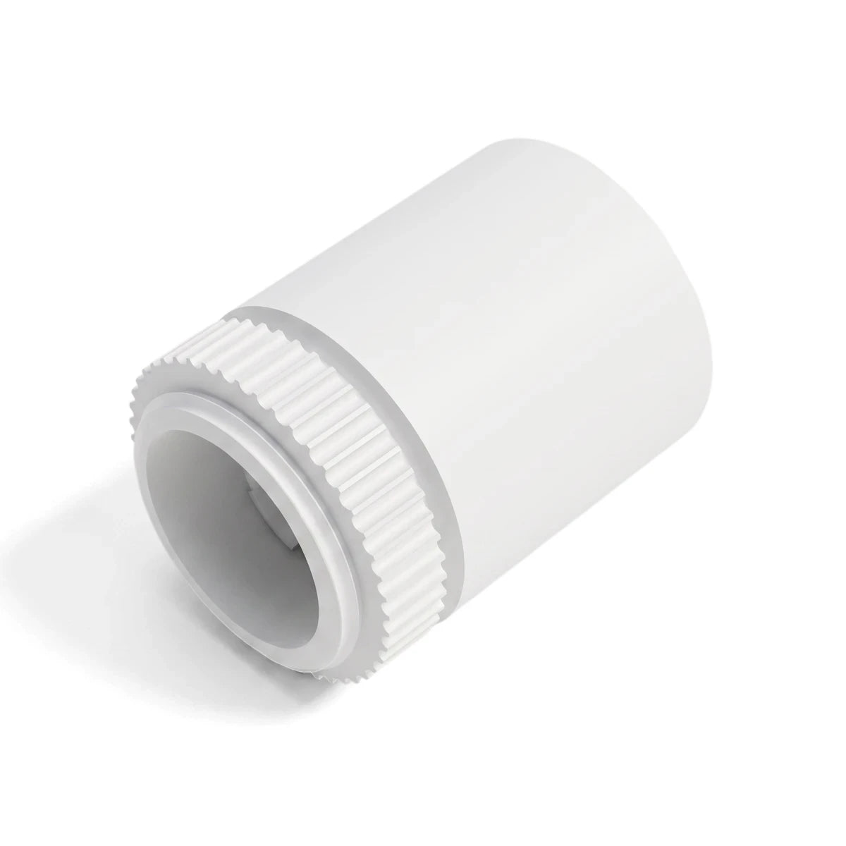 Angled view of a white 25mm male adapter, part of a 10 per pack set, featuring a ribbed grip.