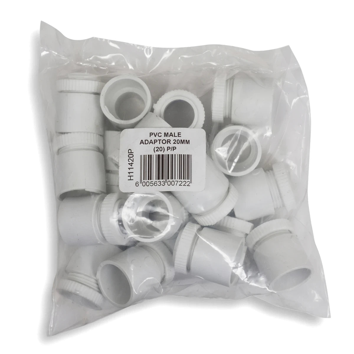 Bag of 20 white PVC male adaptors, 25mm, in a clear plastic bag with a label and barcode, ready for plumbing.