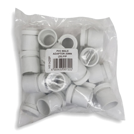 Bag of 20 white PVC male adaptors, 25mm, in a clear plastic bag with a label and barcode, ready for plumbing.