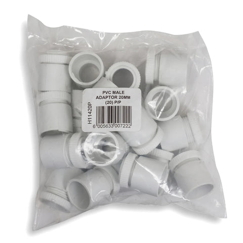 Bag of 20 white PVC male adaptors, 25mm, in a clear plastic bag with a label and barcode, ready for plumbing.