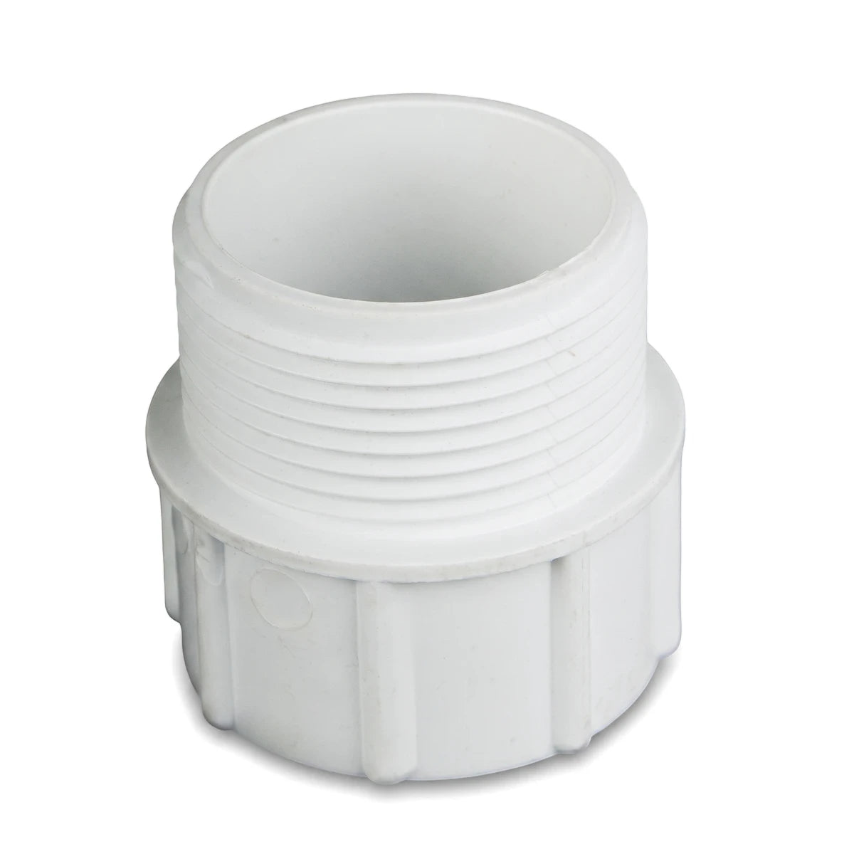 White plastic male BSP adapter, 40mm x 1 1/4", with threaded top and wider base, ideal for plumbing connections.