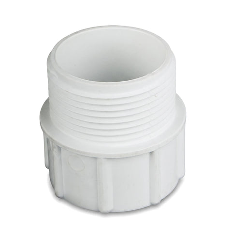 White plastic male BSP adapter, 40mm x 1 1/4", with threaded top and wider base, ideal for plumbing connections.