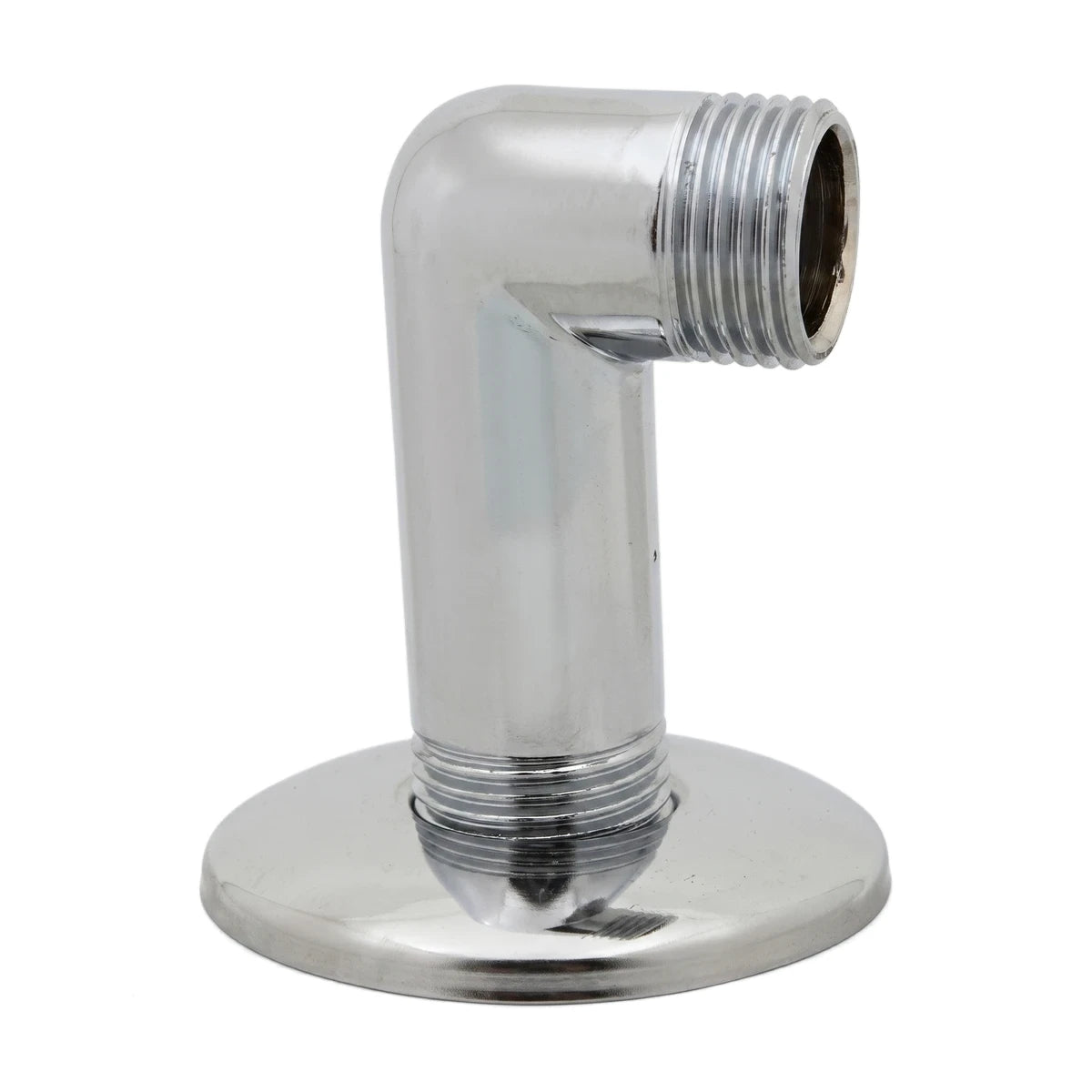 Chrome-plated 15mm Male X Male Wall Outlet Elbow, a metal plumbing fixture for right-angle pipe connections on a wall.