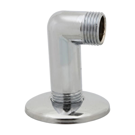 Chrome-plated 15mm Male X Male Wall Outlet Elbow, a metal plumbing fixture for right-angle pipe connections on a wall.