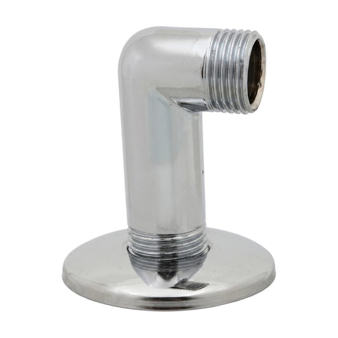 Chrome-plated 15mm Male X Male Wall Outlet Elbow, a metal plumbing fixture for right-angle pipe connections on a wall.