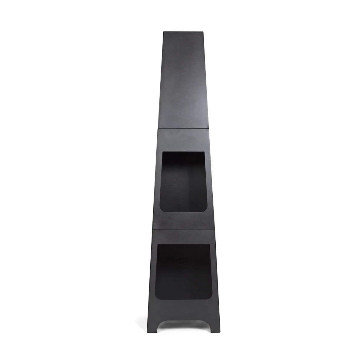 Malmo Steel Chimenea With Log Store in black steel, tall outdoor chiminea front view with integrated wood storage.