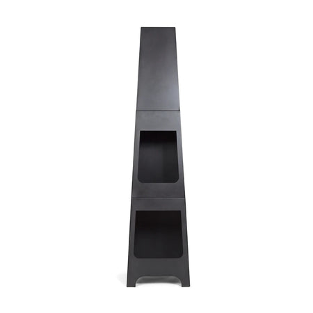 Malmo Steel Chimenea With Log Store in black steel, tall outdoor chiminea front view with integrated wood storage.