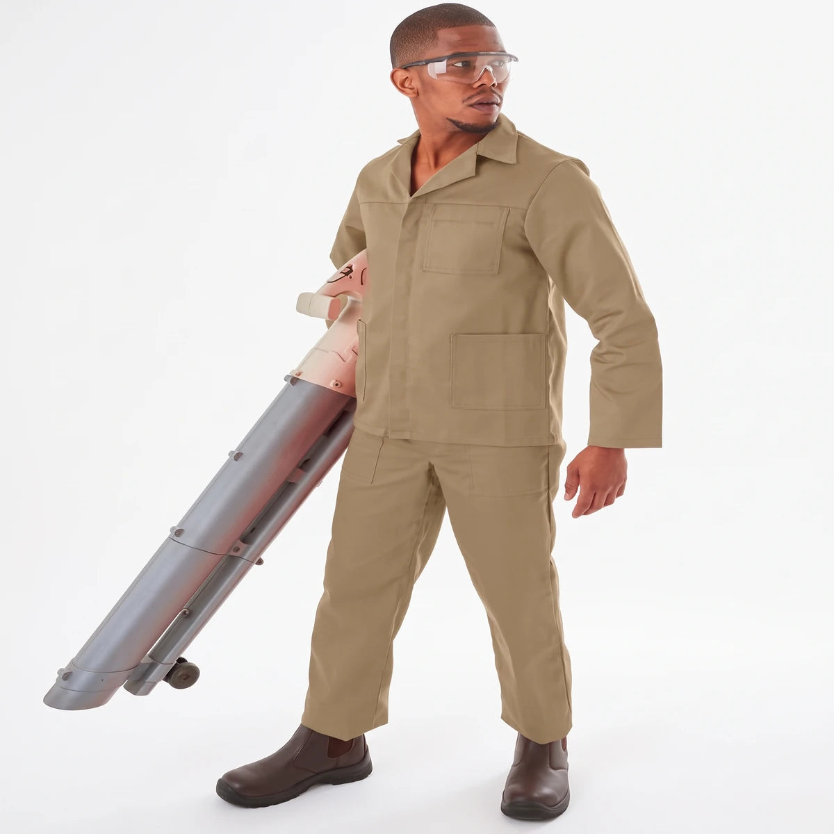 Man wearing a khaki Conti Suit, safety glasses, and work boots, holding a large leaf blower.