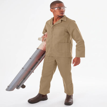 Man wearing a khaki Conti Suit, safety glasses, and work boots, holding a large leaf blower.