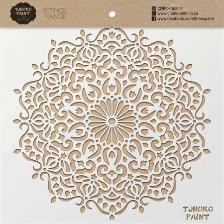 Light brown circular Mandala Whispers paint stencil featuring intricate floral and geometric cut-out patterns for craft and