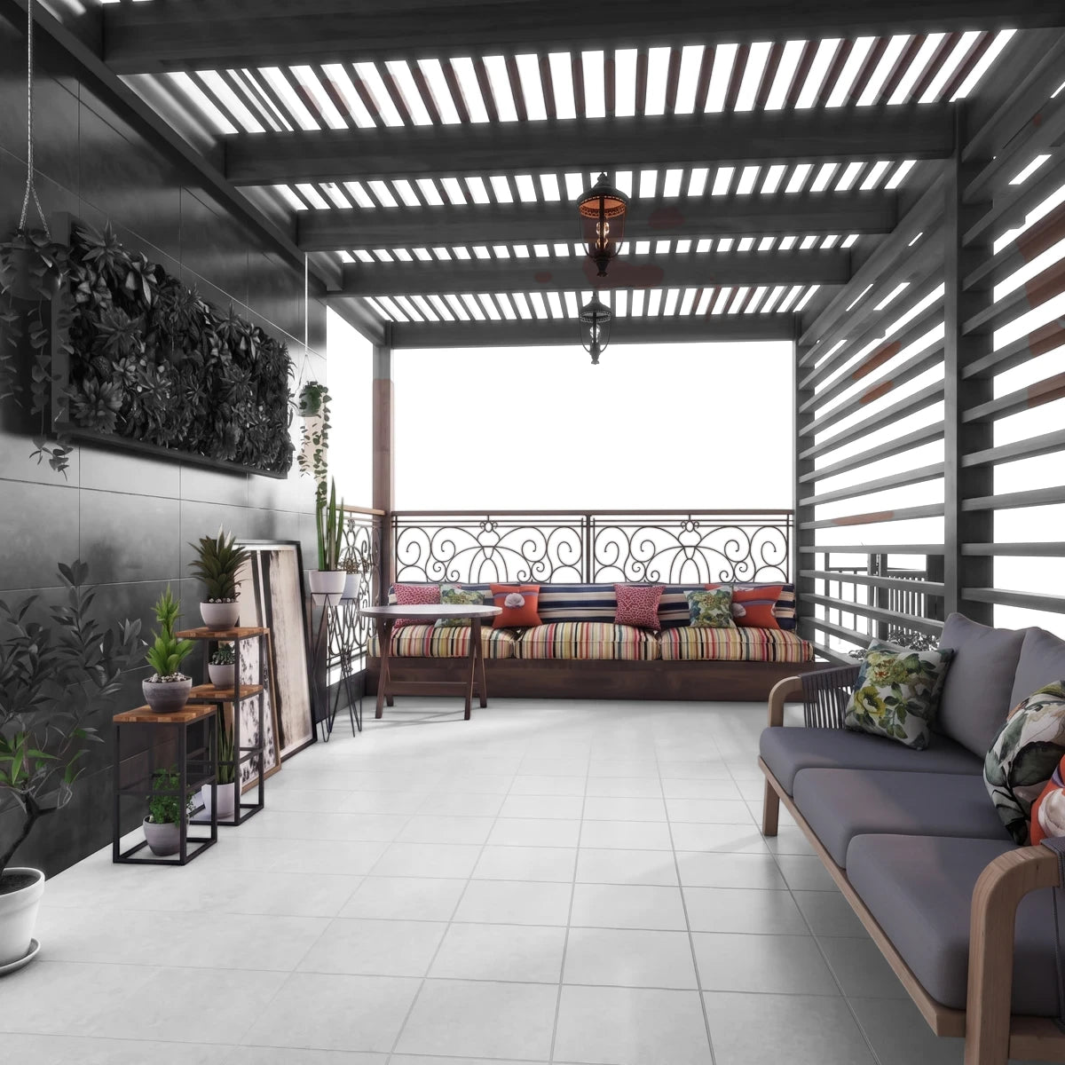Outdoor patio with light grey Manna Grey 33X33Cm 1.8Sqm floor tiles, featuring a wooden pergola, comfortable seating, and