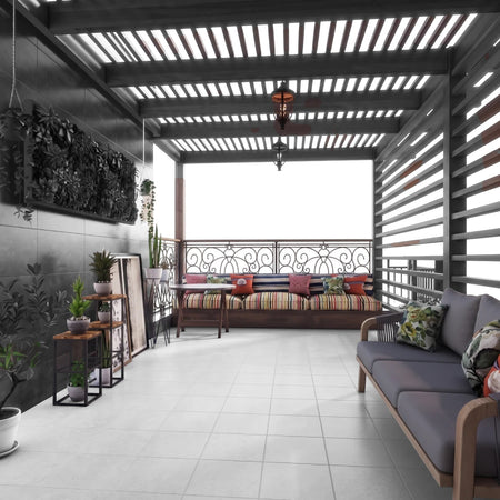 Outdoor patio with light grey Manna Grey 33X33Cm 1.8Sqm floor tiles, featuring a wooden pergola, comfortable seating, and