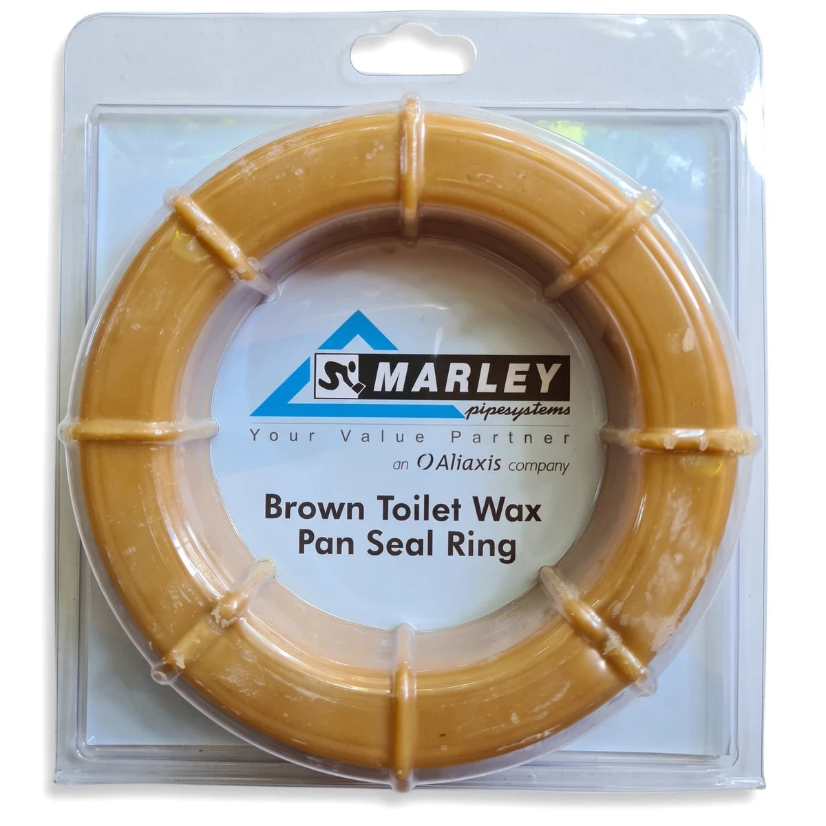 Brown Marley Toilet Wax Pan Seal Ring in clear plastic packaging, designed for plumbing, shown from a front-facing