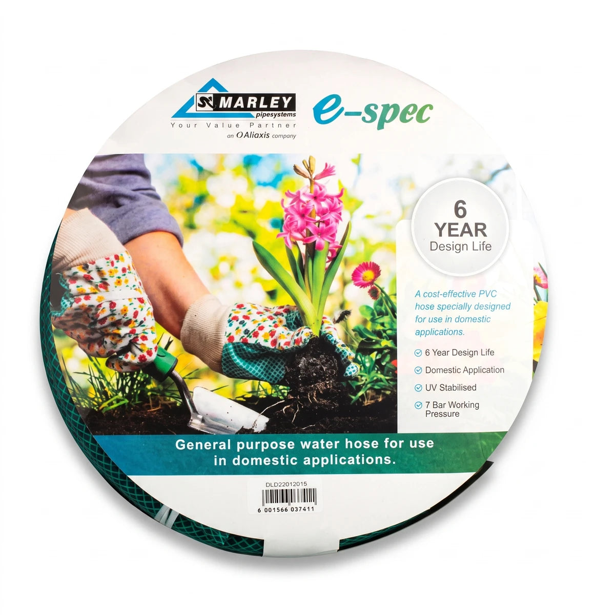 Green Marley E-Spec 12mm x 20m garden hose with a label depicting gloved hands planting a pink flower.