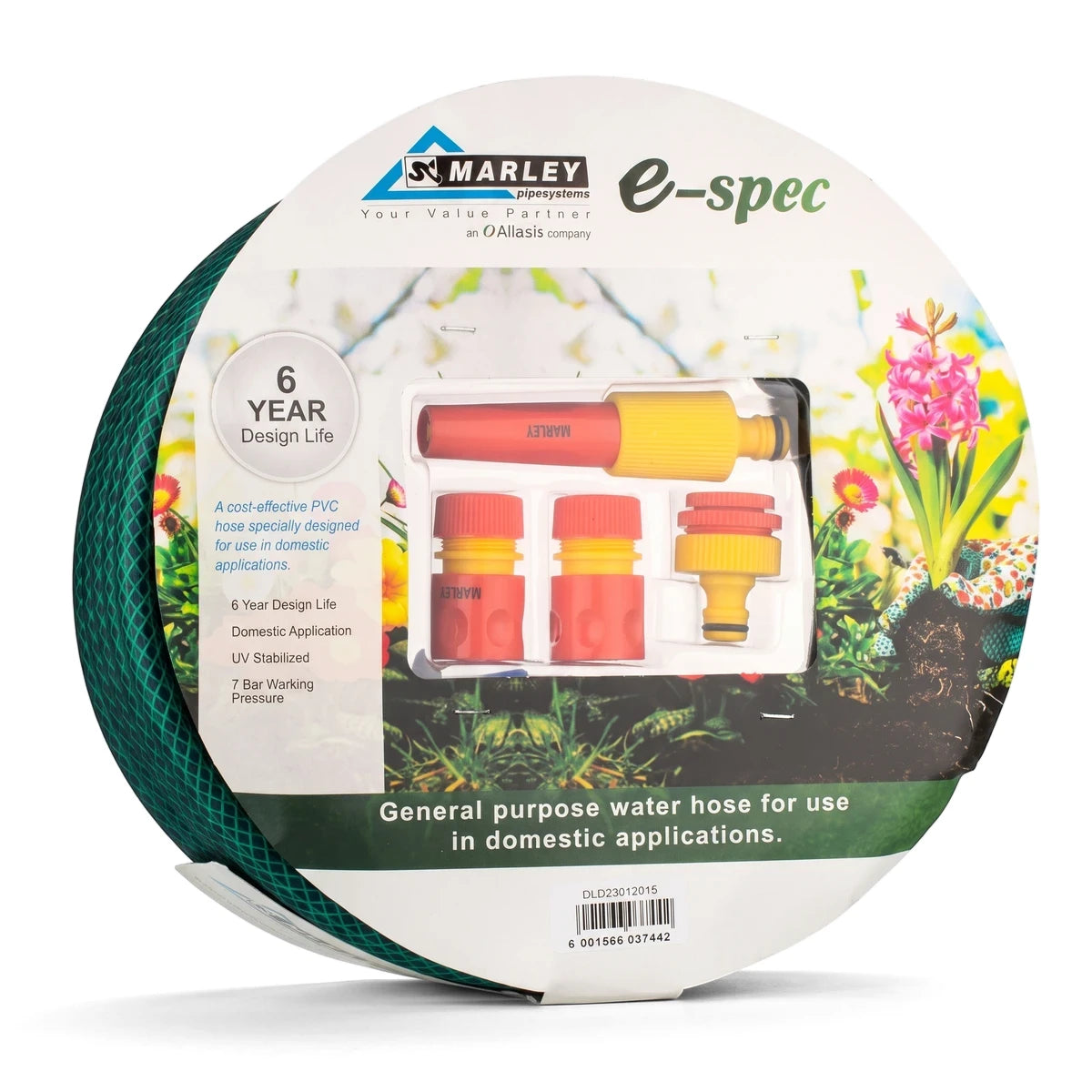 Marley E-Spec 12mm x 30m green garden hose with red and yellow fittings in clear retail packaging, on a white background.